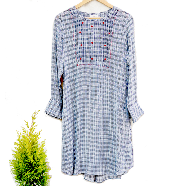 Kirgiti's ' Cotton and Hand Embroidered Black Checkered Button Style Tunic cum Dress